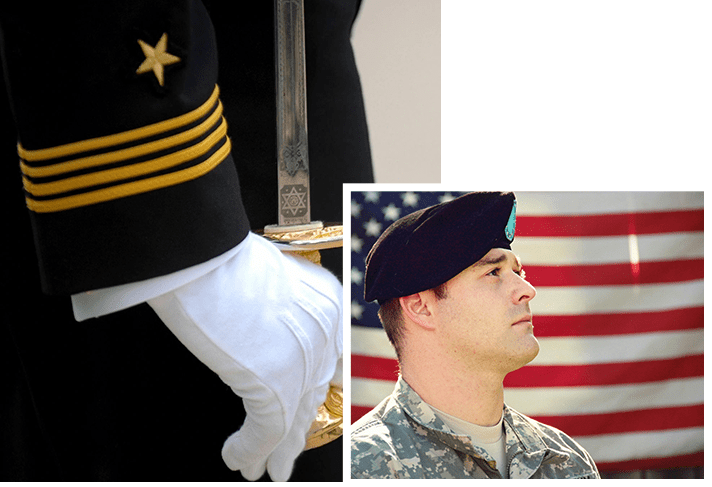 A soldier in uniform and an american flag.